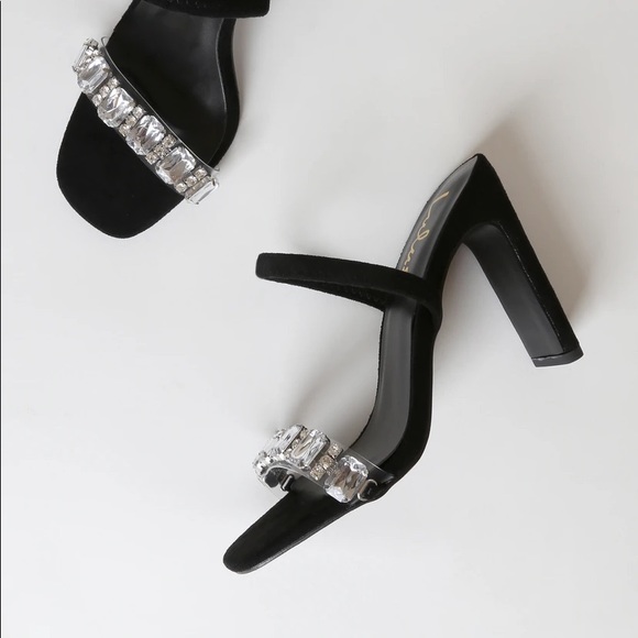 Black Suede Rhinestone High Heel Sandals - Picture 3 of 4